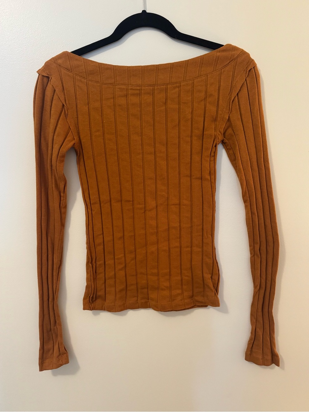 Free People Ribbed Off-Shoulder Long Sleeve Top - Rust